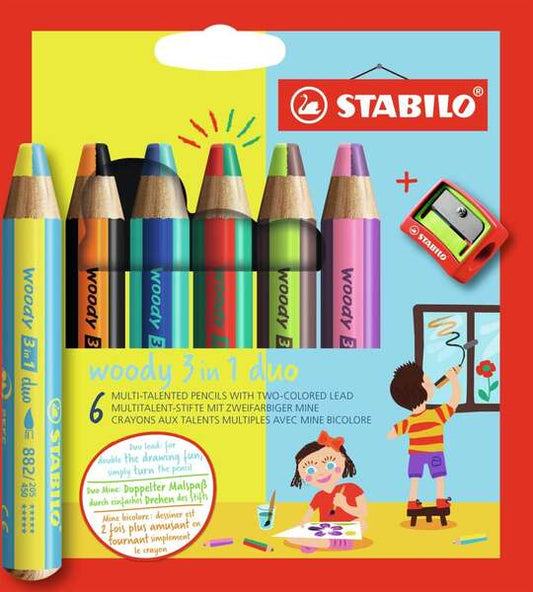 Stabilo Woody 3 en 1 Duo Pack de 6 Lapices de Colores + Sacapuntas - Mina 2 Colores XXL 10mm - Lapiz