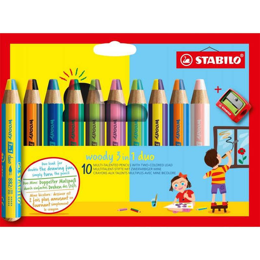 Stabilo Woody 3 en 1 Duo Pack de 10 Lapices de Colores + Sacapuntas - Mina 2 Colores XXL 10mm - Lapi