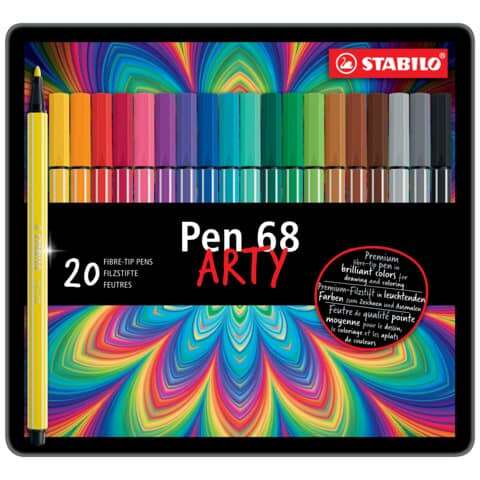 Stabilo Pen 68 Arty Caja Metalica de 20 Rotuladores - Punta de Fibra - Trazo de 1mm aprox. - Tinta a