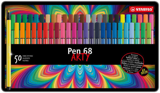 Stabilo Pen 68 Arty Caja Metalica de 50 Rotuladores - Punta de Fibra - Trazo de 1mm aprox. - Tinta a
