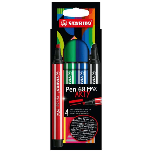 Stabilo Pen 68 MAX Arty Pack de 4 Rotuladores - Punta de Fibra Biselada - Trazo entre 1-5mm aprox. -