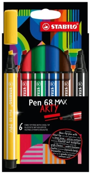 Stabilo Pen 68 MAX Arty Pack de 6 Rotuladores - Punta de Fibra Biselada - Trazo entre 1-5mm aprox. -