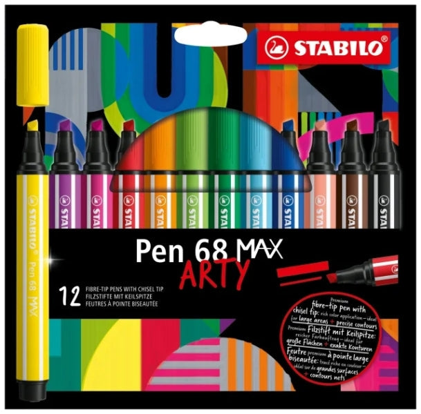 Stabilo Pen 68 MAX Arty Pack de 12 Rotuladores - Punta de Fibra Biselada - Trazo entre 1-5mm aprox.