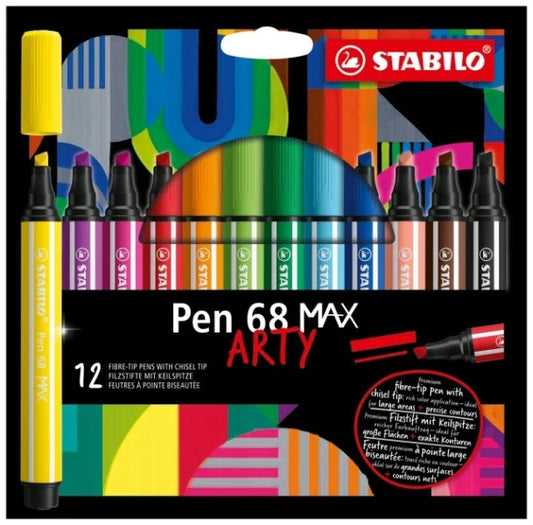 Stabilo Pen 68 MAX Arty Pack de 12 Rotuladores - Punta de Fibra Biselada - Trazo entre 1-5mm aprox.