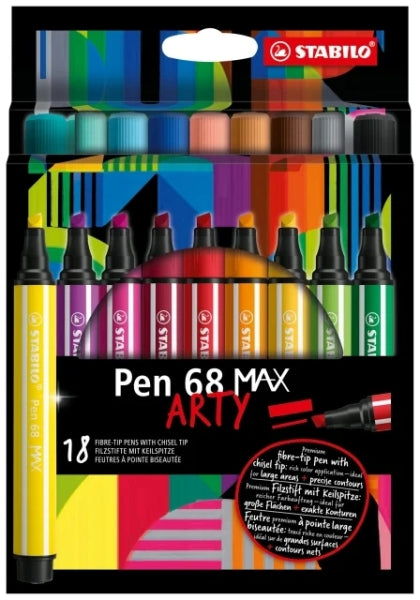 Stabilo Pen 68 MAX Arty Pack de 18 Rotuladores - Punta de Fibra Biselada - Trazo entre 1-5mm aprox.