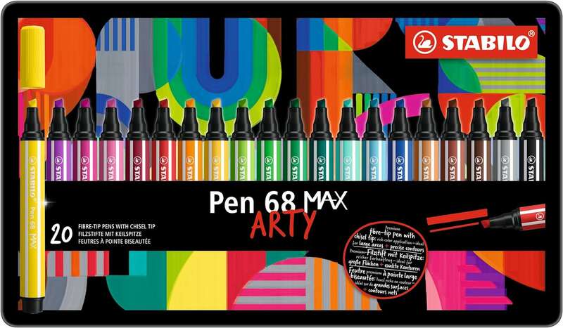 Stabilo Pen 68 MAX Arty Caja Metalica de 20 Rotuladores - Punta de Fibra Biselada - Trazo entre 1-5m