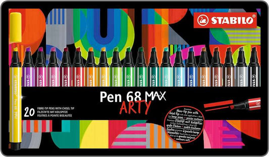 Stabilo Pen 68 MAX Arty Caja Metalica de 20 Rotuladores - Punta de Fibra Biselada - Trazo entre 1-5m