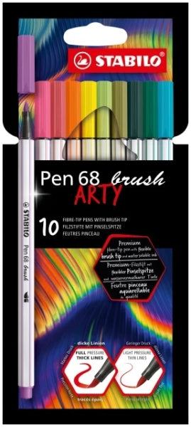 Stabilo Pen 68 Brush Arty Pack de 10 Rotuladores - Punta de Pincel - Tinta a Base de Agua - Colores