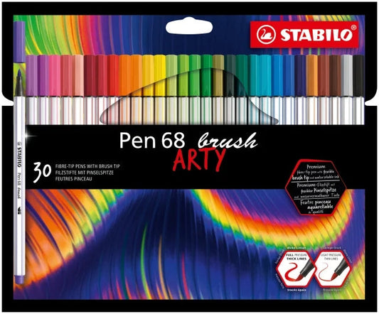 Stabilo Pen 68 Brush Arty Pack de 30 Rotuladores - Punta de Pincel - Tinta a Base de Agua - Colores