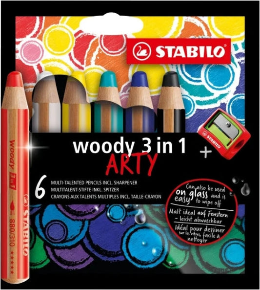 Stabilo Woody 3 en 1 Arty Pack de 6 Lapices de Colores + Sacapuntas - Lapiz de Color, Cera y Acuarel