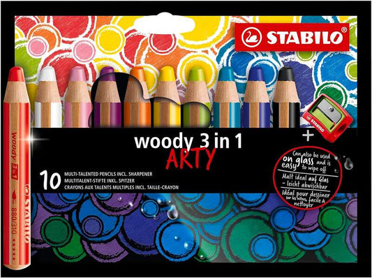 Stabilo Woody 3 en 1 Arty Pack de 10 Lapices de Colores + Sacapuntas - Lapiz de Color, Cera y Acuare