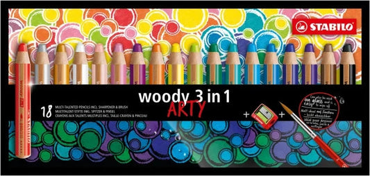 Stabilo Woody 3 en 1 Arty Pack de 18 Lapices de Colores + Sacapuntas + Pincel - Lapiz de Color, Cera