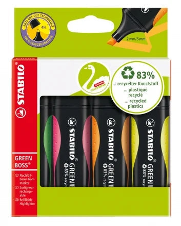 Stabilo Green Boss Pack de 4 Marcadores Fluorescentes - Fabricado con un 83% de Plastico Reciclado -