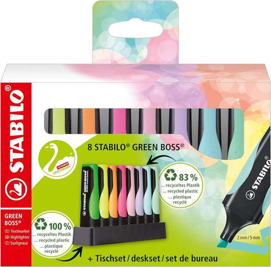 Stabilo Green Boss Set de Mesa de 8 Marcadores Fluorescentes - Fabricado con un 83% de Plastico Reci