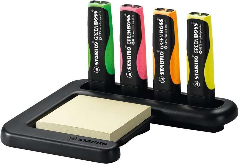 Stabilo Green Boss Set de Mesa de 4 Marcadores Fluorescentes 83% Plastico Reciclado + Bloc de Notas