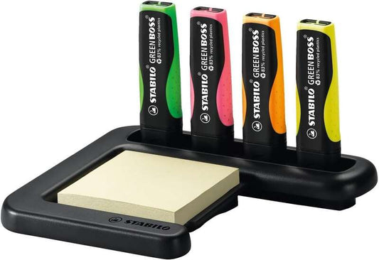 Stabilo Green Boss Set de Mesa de 4 Marcadores Fluorescentes 83% Plastico Reciclado + Bloc de Notas