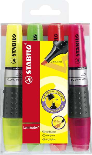 Stabilo Iluminator Pack de 4 Marcadores Fluorescentes - Mayor Suministro de Tinta - Zona de Agarre -