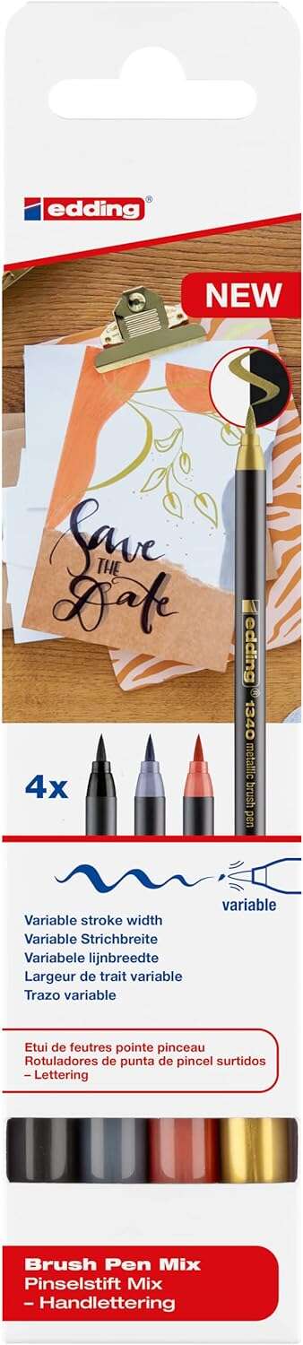 Edding 1340 Brush Pack de 4 Rotuladores - Punta Pincel Flexible - Trazo 1-3mm - Tinta con Base de Ag