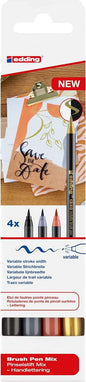 Edding 1340 Brush Pack de 4 Rotuladores - Punta Pincel Flexible - Trazo 1-3mm - Tinta con Base de Ag