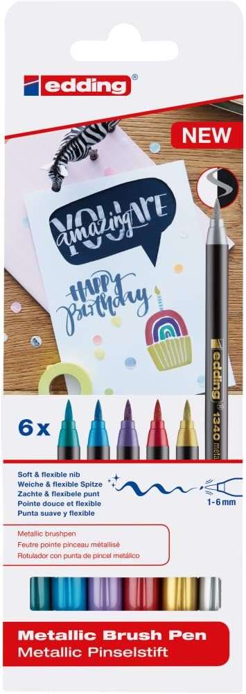 Edding 1340 Brush Pack de 6 Rotuladores - Punta Pincel Flexible - Trazo 1-3mm - Tinta con Base de Ag