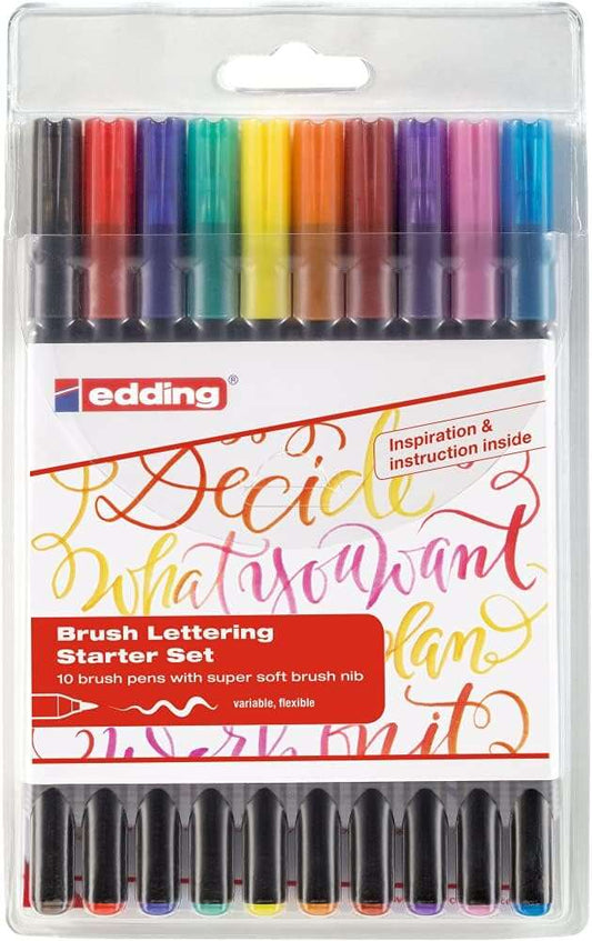 Edding 1340 Brush Pack de 10 Rotuladores - Punta Pincel Flexible - Trazo 1-3mm - Tinta con Base de A