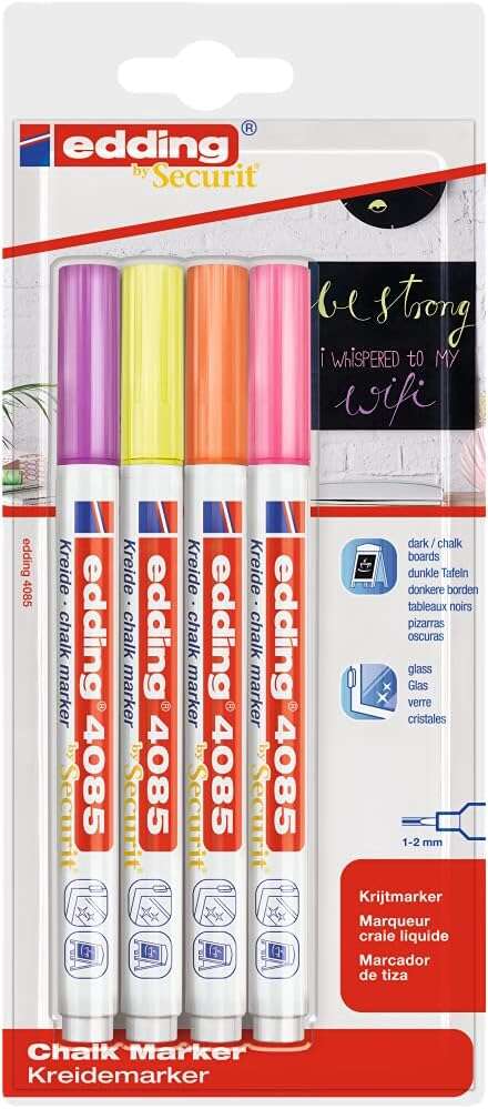 Edding 4085 Neon Pack de 4 Rotuladores de Tiza Liquida - Punta Redonda - Trazo 1-3mm - Olor Neutro -
