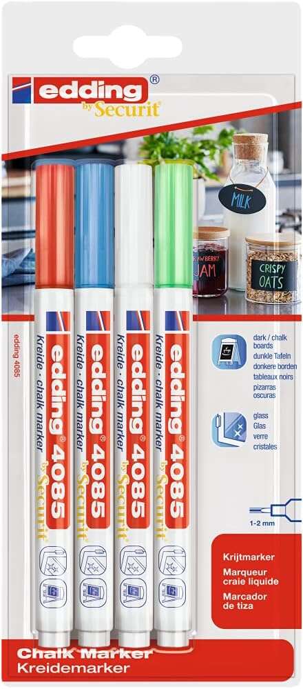 Edding 4085 Basicos Pack de 4 Rotuladores de Tiza Liquida - Punta Redonda - Trazo 1-3mm - Olor Neutr
