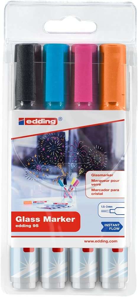 Edding 95 Pack de 4 Rotuladores de Tiza Liquida - Punta Redonda - Trazo 1.5-3mm - Colores Negro, Nar