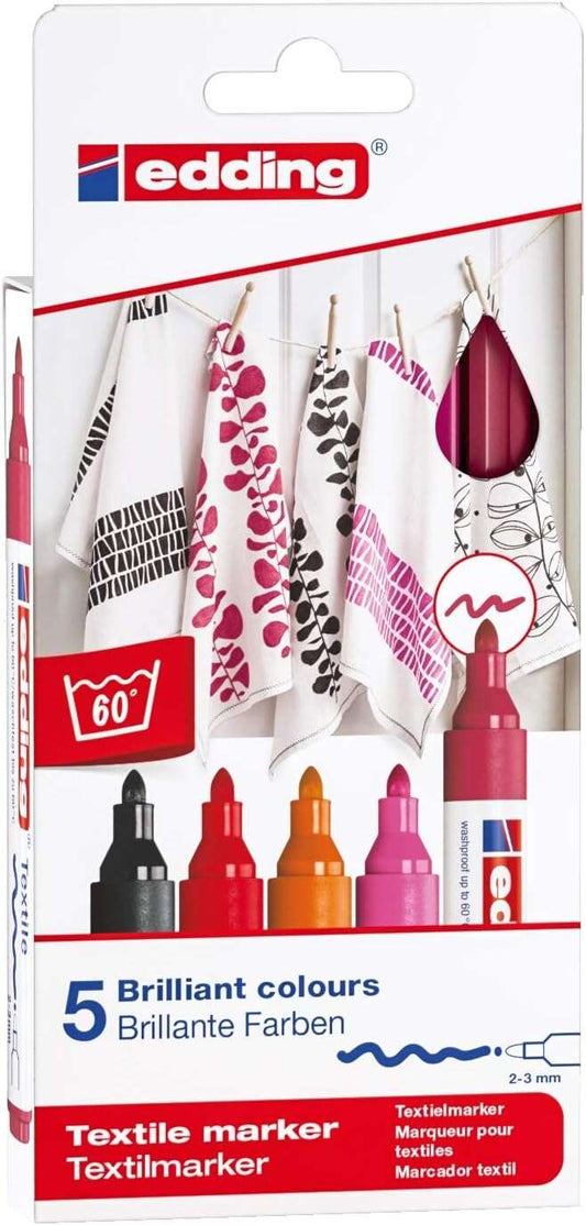 Edding 4500 Colores Calidos Pack de 5 Rotuladores Permanentes para Textil - Punta Redonda - Trazo 2-3mm - Olor Neutro - Secado Rapido - Colores Negro, Rojo, Naranja, Rosa y Carmín