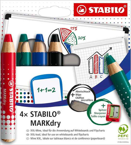 Stabilo MARKdry Pack de 4 Marcadores para Pizarra + Sacapuntas + Paño de Limpieza - Mina XXL de 10mm