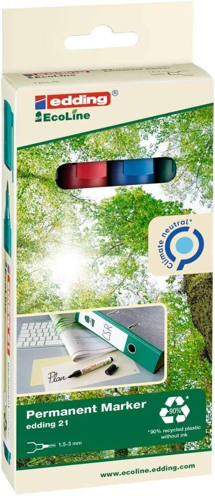 Edding 21 EcoLine Pack de 4 Rotuladores Permanentes - Punta Redonda - Trazo entre 1.5 y 3mm - 90% de