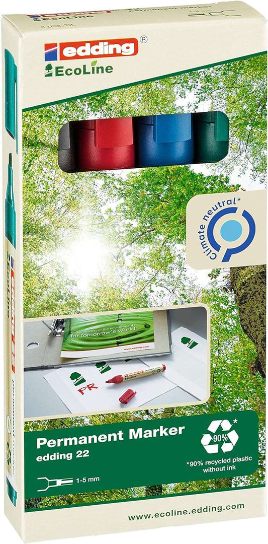Edding 22 EcoLine Pack de 4 Rotuladores Permanentes - Punta Biselada - Trazo entre 1 y 5mm - 90% de