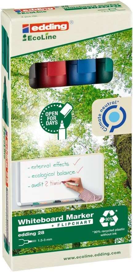 Edding 28 EcoLine Pack de 4 Rotuladores para Pizarra Blanca - Punta Redonda - Trazo 1.5-3mm - 90% de
