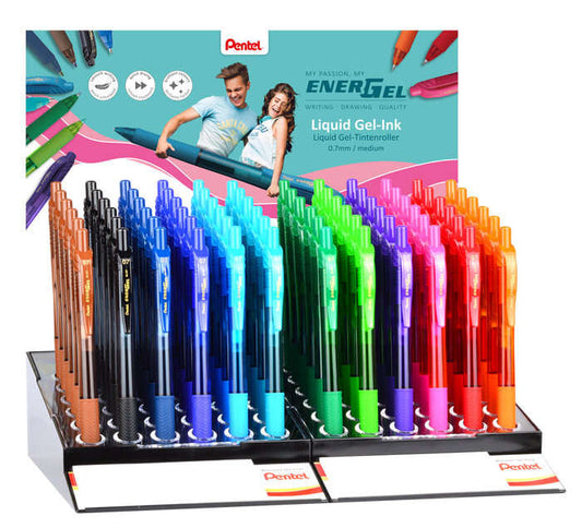 Pentel EnerGel X Expositor de 72 Boligrafos de Bola Retractiles Tinta Gel - Punta 0.7mm - Trazo 0.35