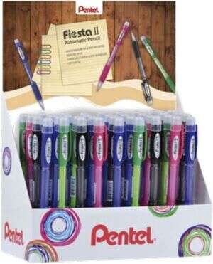 Pentel Fiesta II Expositor de 36 Portaminas HB 0.5mm con Goma - Incluye 2 Recargas - Grip de Goma -