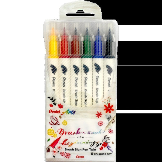 Pentel Brush Sing Pen Twin Pack de 6 Rotuladores con Doble Punta de Pincel Flexible - Punta Ancha 1-