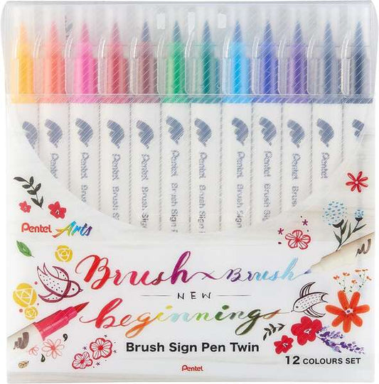 Pentel Brush Sing Pen Twin Pack de 12 Rotuladores con Doble Punta de Pincel Flexible - Punta Ancha 1