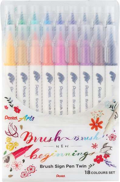 Pentel Brush Sing Pen Twin Pack de 18 Rotuladores con Doble Punta de Pincel Flexible - Punta Ancha 1