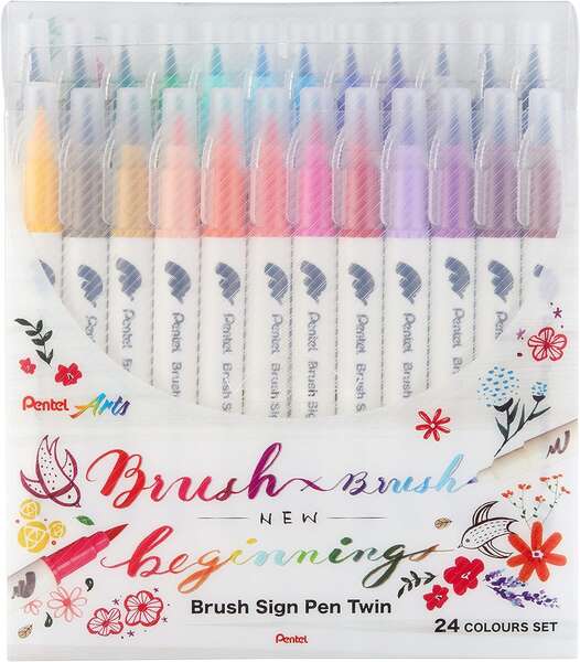 Pentel Brush Sing Pen Twin Pack de 24 Rotuladores con Doble Punta de Pincel Flexible - Punta Ancha 1