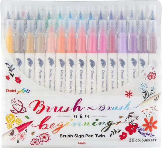 Pentel Brush Sing Pen Twin Pack de 30 Rotuladores con Doble Punta de Pincel Flexible - Punta Ancha 1