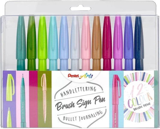 Pentel Brush Sing Pen Pack de 12 Rotuladores con Punta de Pincel - Lineas Finas o Gruesas dependiend