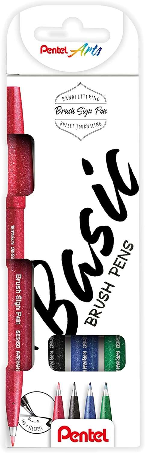 Pentel Brush Sing Pen Basic Pack de 4 Rotuladores con Punta de Pincel - Lineas Finas o Gruesas depen