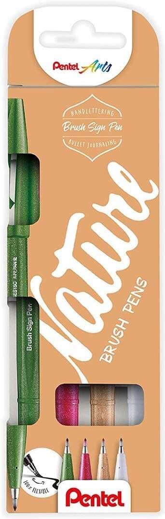 Pentel Brush Sing Pen Nature Pack de 4 Rotuladores con Punta de Pincel - Lineas Finas o Gruesas depe