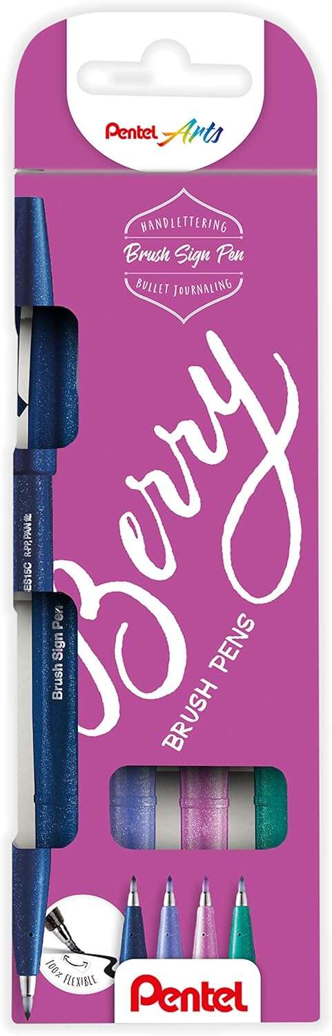 Pentel Brush Sing Pen Berry Pack de 4 Rotuladores con Punta de Pincel - Lineas Finas o Gruesas depen