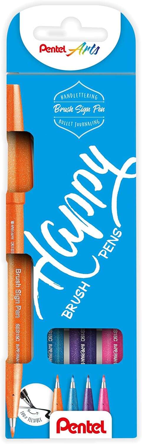 Pentel Brush Sing Pen Happy Pack de 4 Rotuladores con Punta de Pincel - Lineas Finas o Gruesas depen