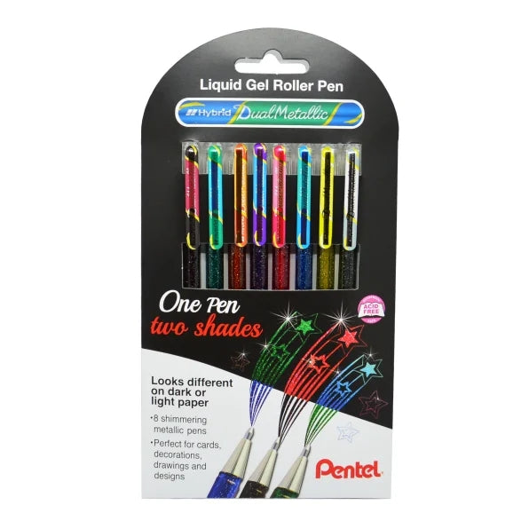 Pentel Hybrid Dual Metallic Pack de 8 Boligrafos de Bola con Tinta Gel Brillante - Punta 1mm - Trazo