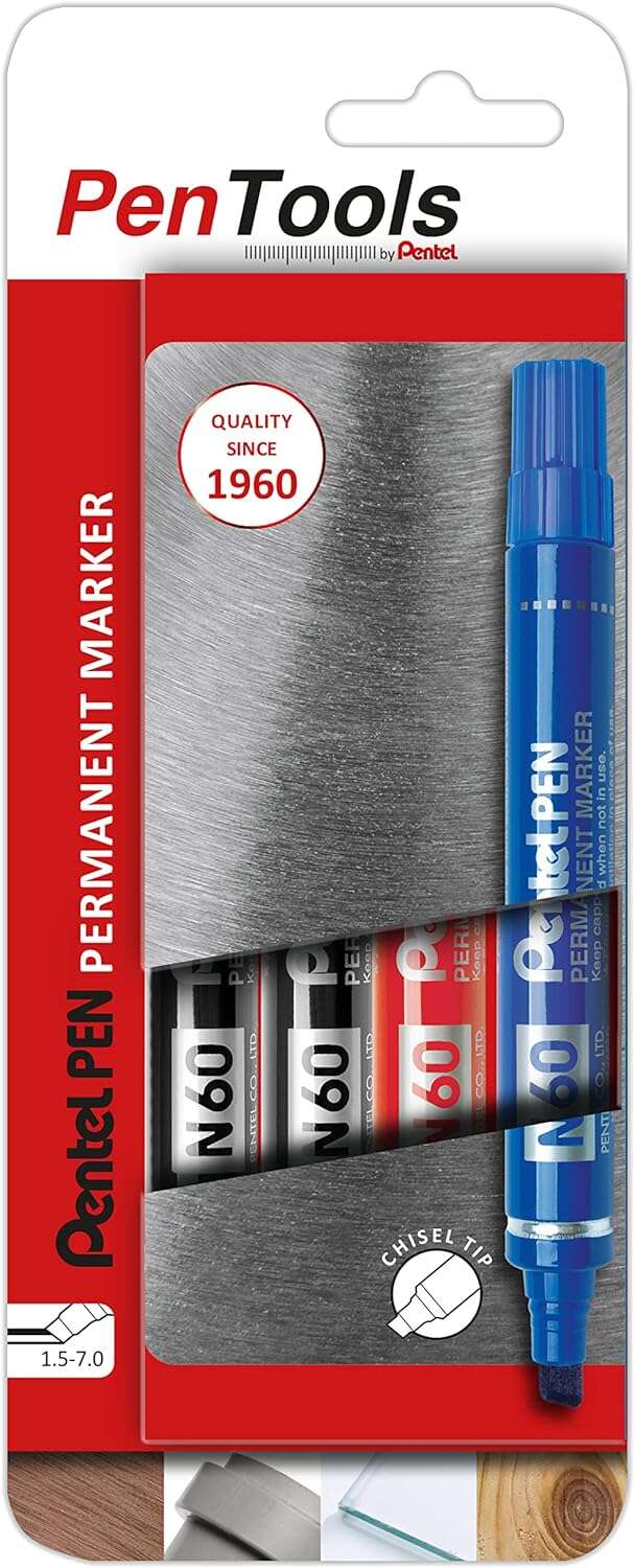 Pentel PenTools Pack de 4 Rotuladores Permanentes Industriales Pentel Pen N60 - Punta Biselada Resis