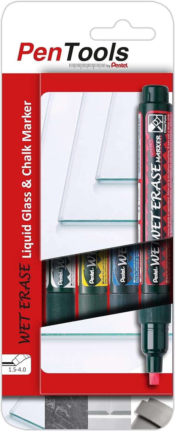 Pentel PenTools Pack de 4 Rotuladores de Tiza Liquida Wet Erase - Punta Biselada Reversible 2-4mm - Resistente a la Intemperie sobre Vidrio - Colores Blanco, Azul, Amarillo y Rojo