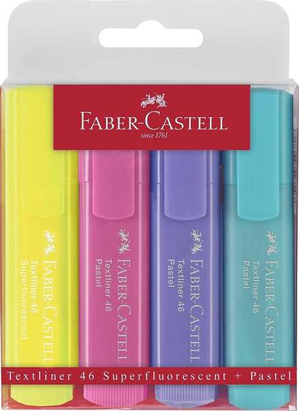 Faber-Castell Textliner 46 Pastel Pack de 4 Marcadores Fluorescentes - Punta Biselada - Trazo entre