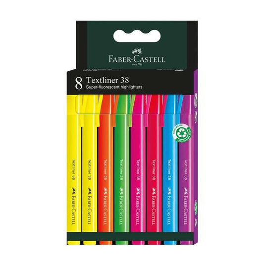 Faber-Castell Textliner 38 Pack de 8 Marcadores Fluorescentes - Cuerpo Fino - Punta Biselada - Trazo